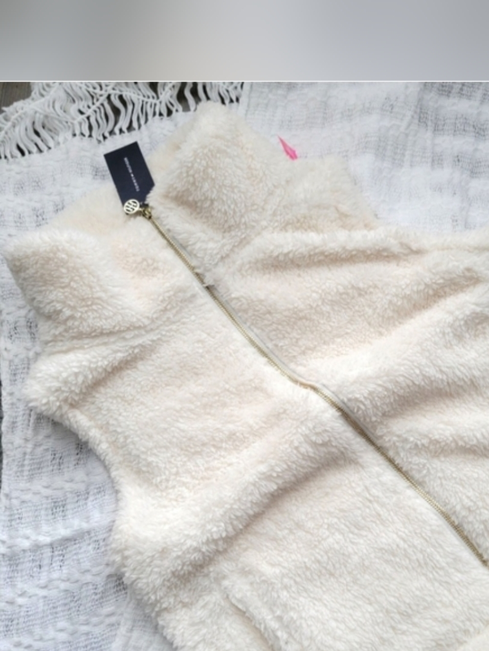 Tommy Hilfiger White Faux Fur Jacket Witj Gold Zipper